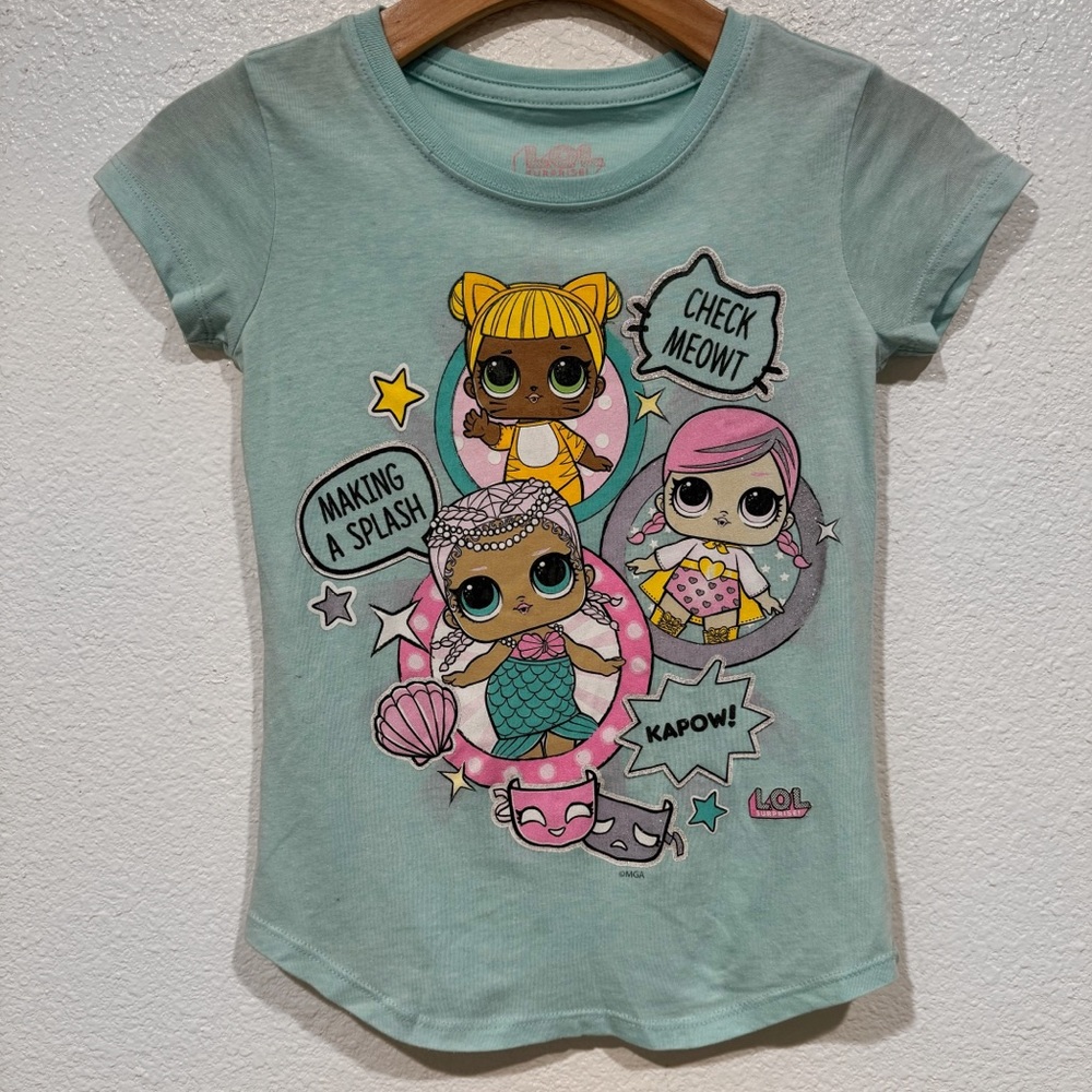 Kids LOL Surprise Girls Blue Pink Check Meowt Making A Splash T-Shirt M 7/8